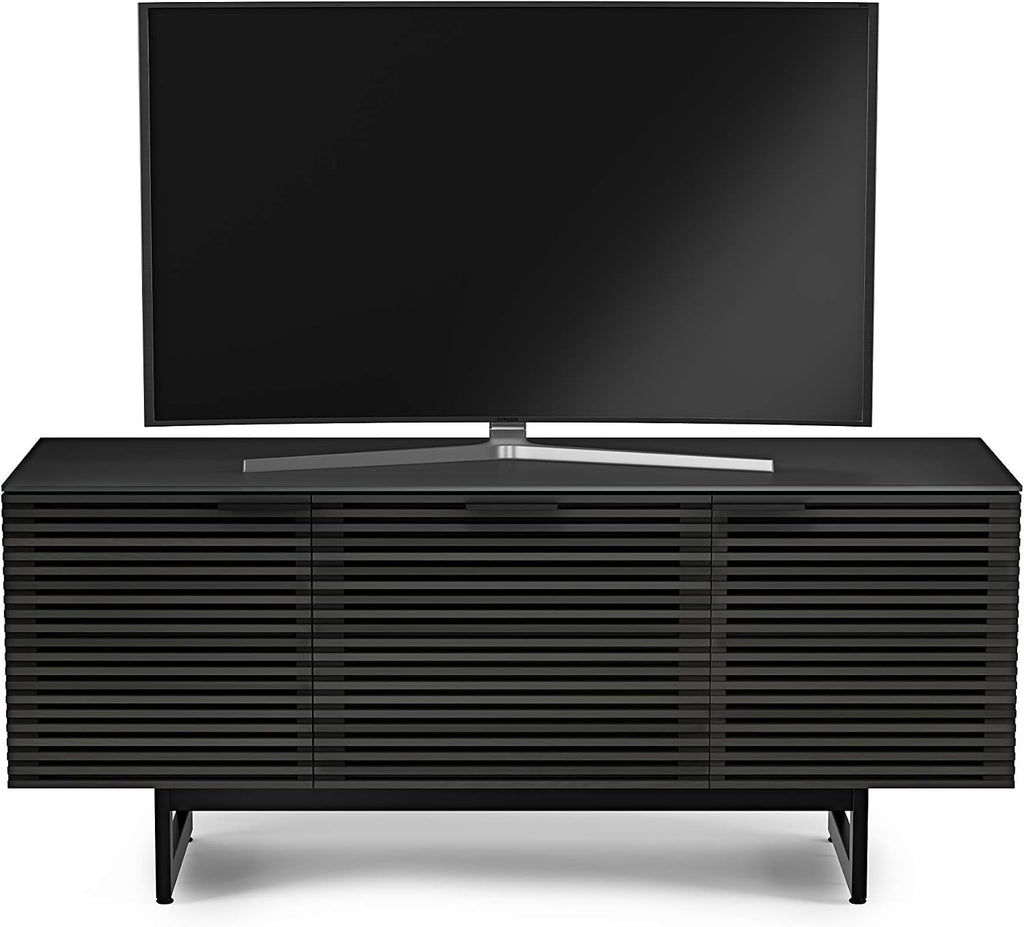 BDI Furniture Corridor 8177-65'' TV Stand for TVs up to 70' with Soundbar Shelf, Storage Drawer, Cable Management, Remote-Friendly Louver Doors, Satin-Etched Glass Top, Charcoal Stained Ash
