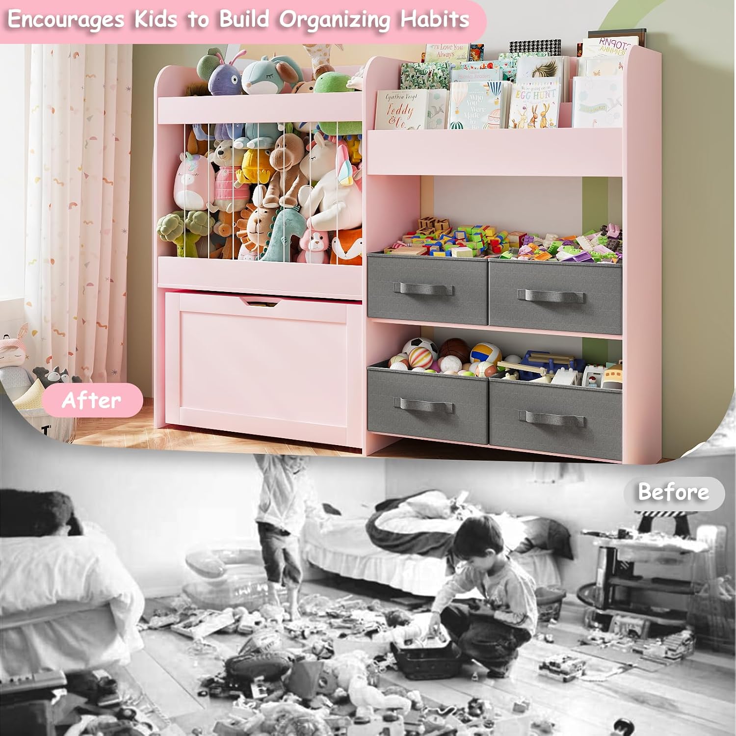 Toy Storage Organizer with Stuffed Animal Storage – Kids Bookshelf with 4 Removable Bins and 1 Movable Toy Box, 3-Tier Bookshelf with Buildable Baseplate Lid for Lego Bricks, Kids Room Playroom (Pink)