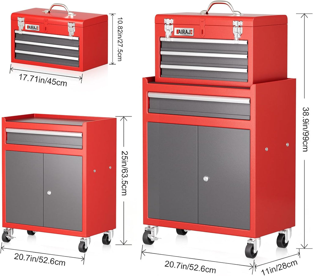Tool Box with Wheels,4 Drawer 39' Large Tool Chest,Detachable Top Metal Rolling Tool Box,Garage Tool Cabinet with Lock and 360° Rotating Wheels,Red