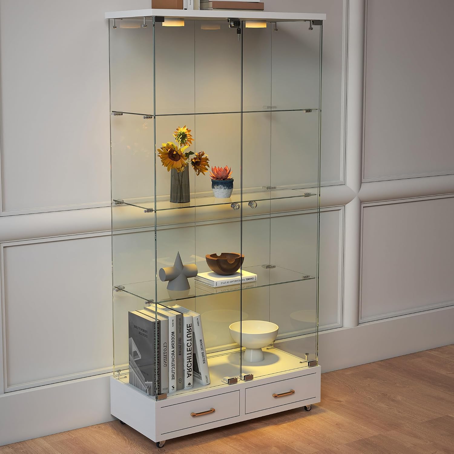 Modern Glass Display Cabinet with LED Light 4-Shelf Curio Cabinets with Storage Drawer and Wheels,Tempered Glass Display Shelf Bookcase for Living Room Home Office
