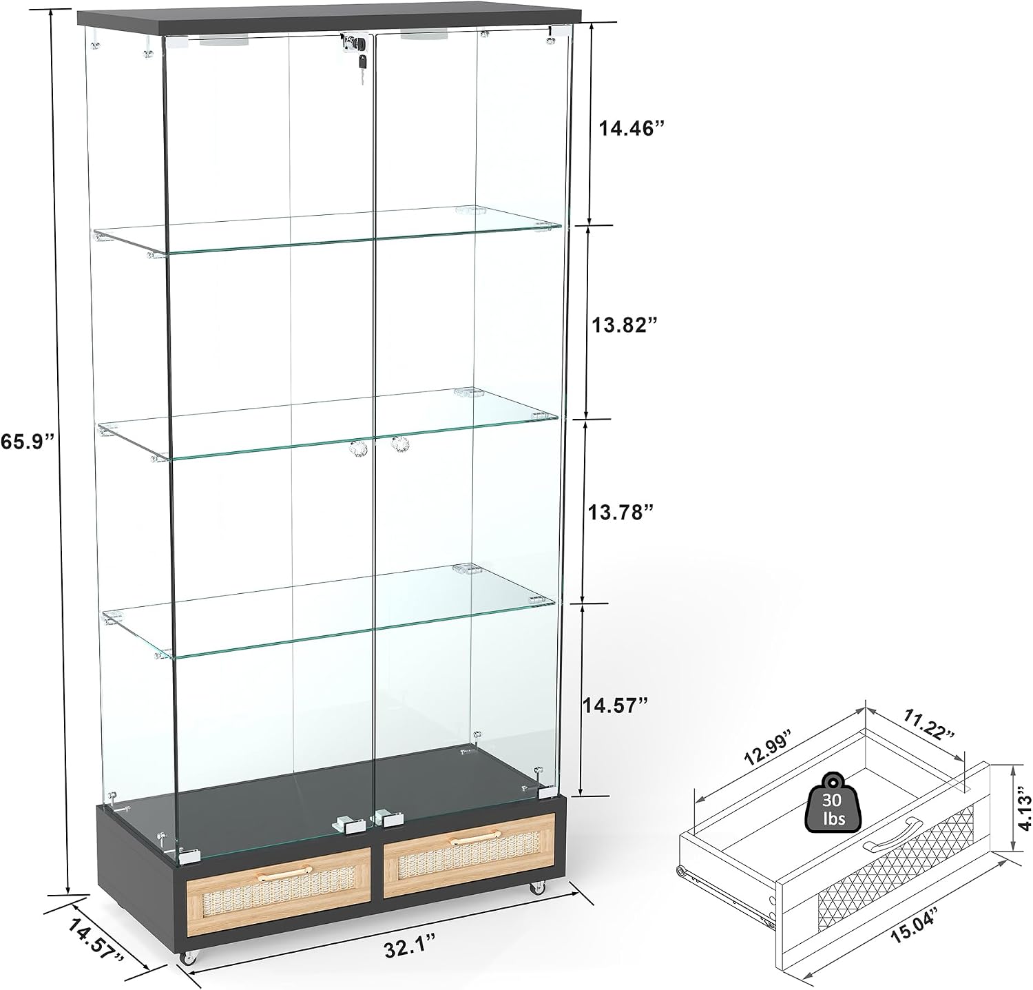 Modern Glass Display Cabinet with LED Light 4-Shelf Curio Cabinets with Rattan Drawer and Wheels,Tempered Glass Display Shelf Bookcase for Living Room Home Office