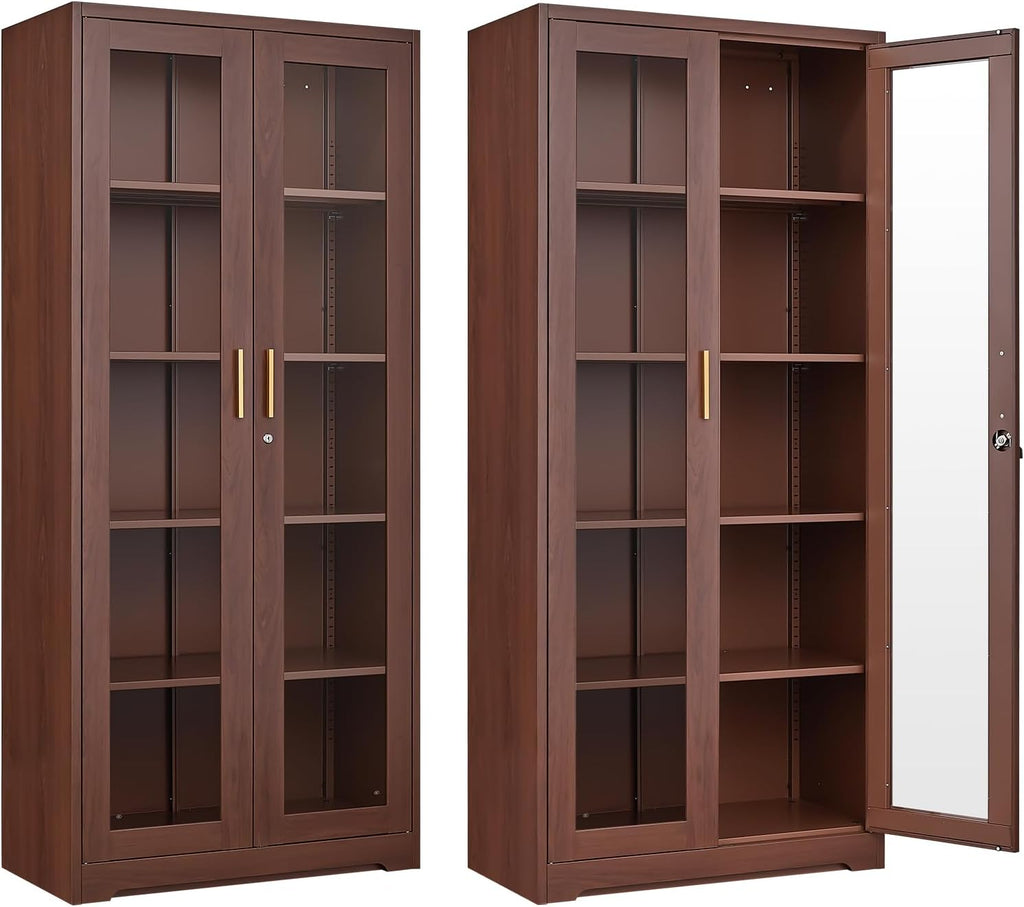 SteeLoong 71' Glass Display Cabinet with Lock,Curio Cabinet with Glass Doors, Metal Display Case with 4 Adjustable Shelves, Brown Bookcase Locking Storage Cabinets for Living Room, Kitchen，Commercial