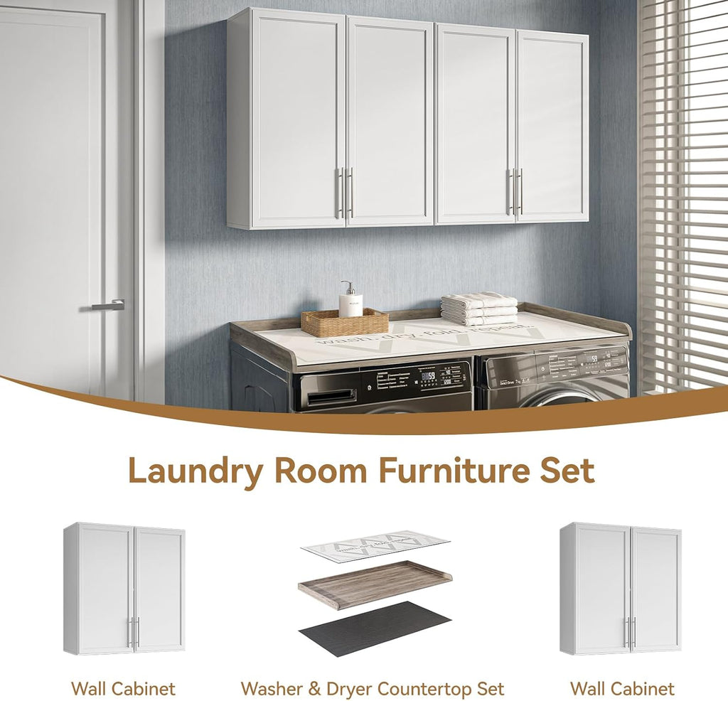 FIMELLO 60' Laundry Room Wall Cabinets and 27.6' x 54' Washer and Dryer Countertop Set, Laundry Room Cabinets Wall Mounted, Upper Cabinets Floating Cabinet - Grey Laundry Countertop