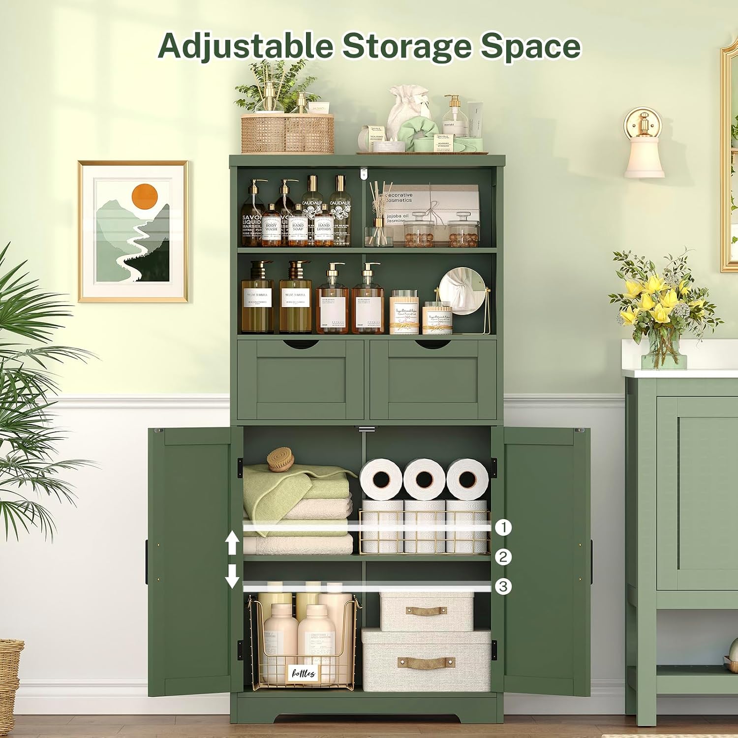 TEENFON Bathroom Cabinet with Adjustable Shelf & 2 Drawers, Farmhouse Storage Cabinet with 2 Doors, Kitchen Storage Cabinets for Living Room, Entryway, Home Office, Forest Green