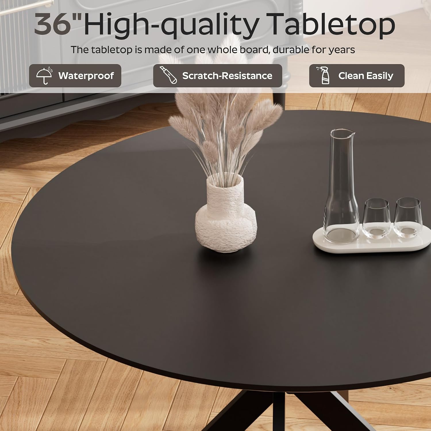 RGZ 36' Round Dining Table Set for 4, 5 PCS Modern Wooden Black Circle Kitchen Table with Steel Legs & 4 Black Velvet Upholstered Chairs for Dining Room, Living Room, Kitchen
