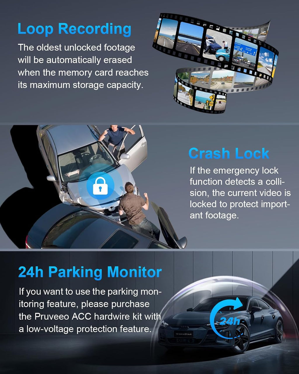 PRUVEEO 360° 4 Channel Dash Cam Front and Rear Inside Left Right, Dash Camera for Cars, Built-in GPS WiFi Night Vision, 24/7 Recording Parking Mode Monitor, 128G Card Included