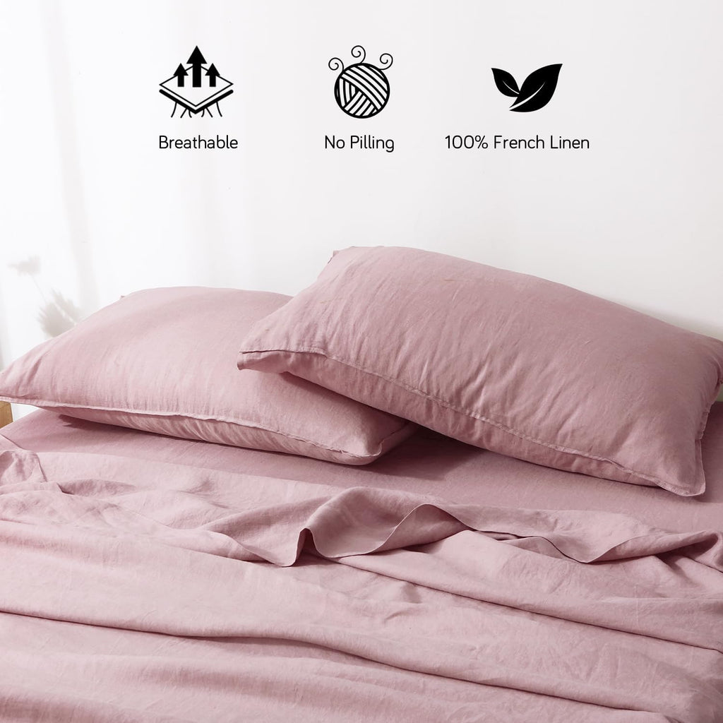 S VICTORY SYMBOL Organic Linen Sheets Set,100% French Natural Linen Bedding,Ultra Soft Luxurious Stone Washed Flax Bed Sheets 4 Pieces (Pink Lavender,Full)
