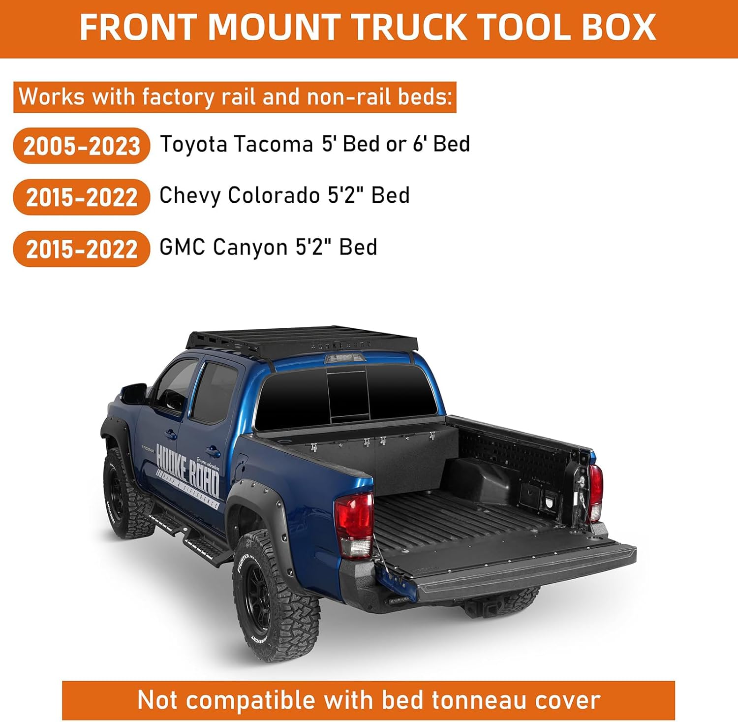 Hooke Road Tacoma Bed Tool Box Lockable Cargo Storage for Toyota Tacoma 5' and 6' Bed, Chevy Colorado & GMC Canyon 5'2' Truck, Solid Steel Waterproof Security Toolbox with Lock Keys
