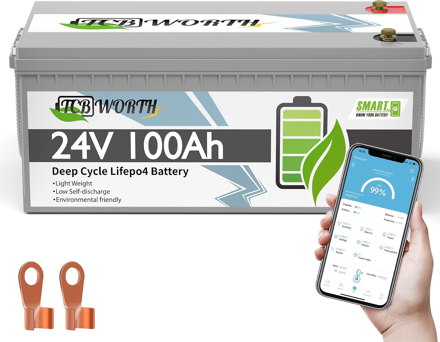 24V LiFePO4 Battery 100Ah, Rechargeabel Deep Cycle Lithium Batteries, 100A Bluetooth BMS with Low-Temp Protection, Perfect for RV, Solar, Boat, Marine, Trolling Motor