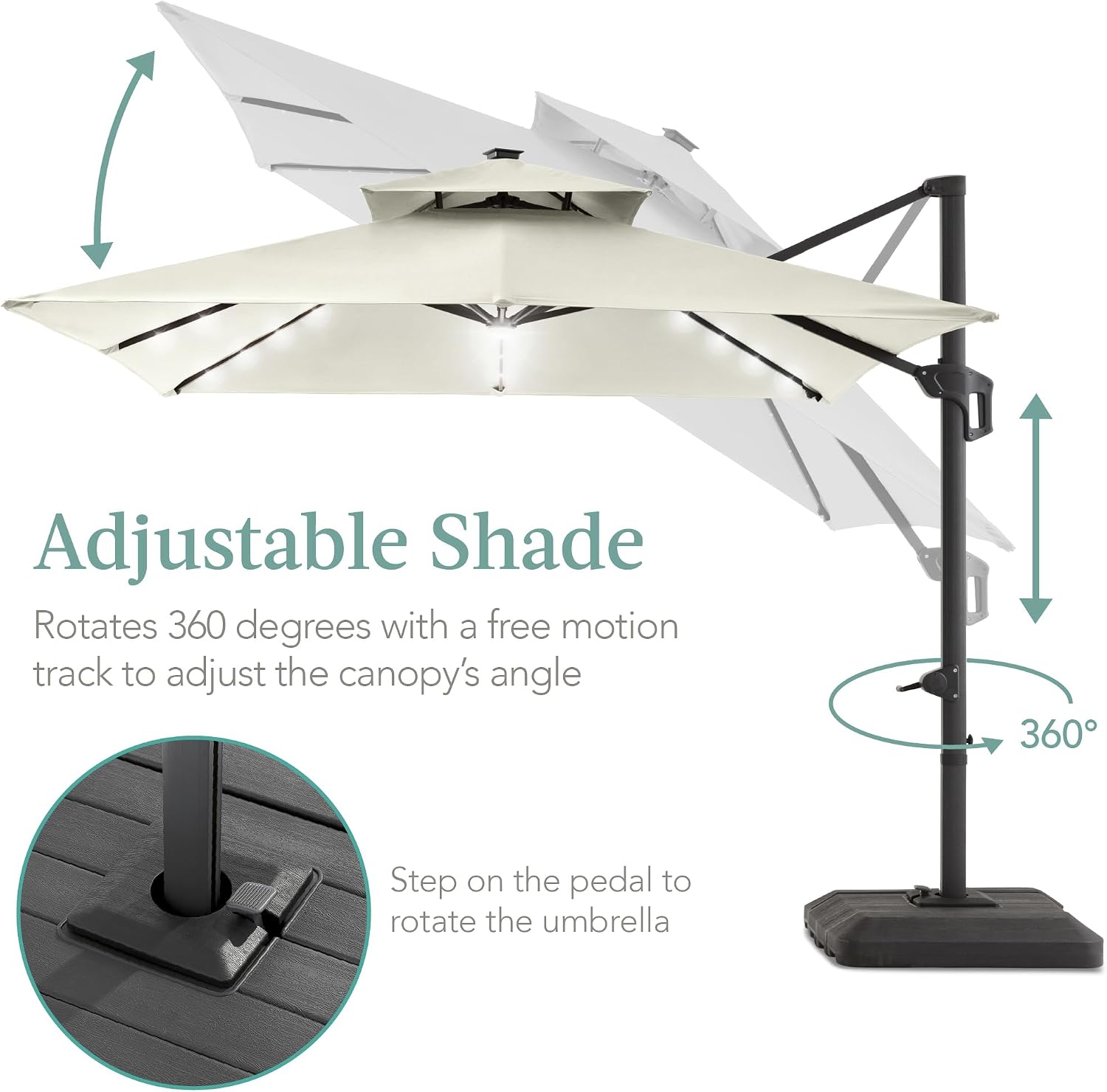 Best Choice Products 10x10ft Cantilever Patio Umbrella w/Base Included, Solar LED Lights 360 Rotation Large Offset Hanging Outdoor Shade for Deck Pool Backyard w/Stand – Ivory