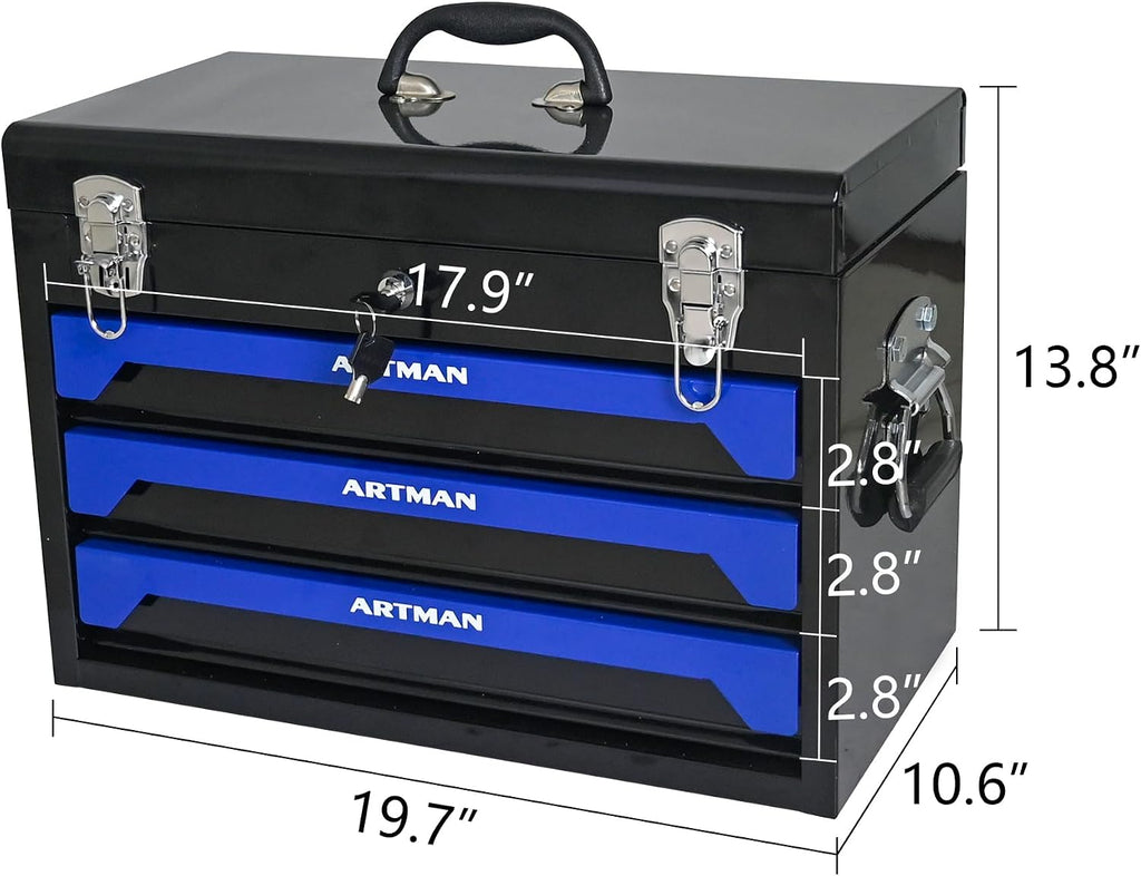 20' Portable Tool Box with Key Lock, 439 Piece Mechanics Tool Set, 3 Drawers & Top Storage Tray Toolbox with Metal Latches & Carrying Handle for Garage, Warehouse, Repair Shop & Home (Blue)