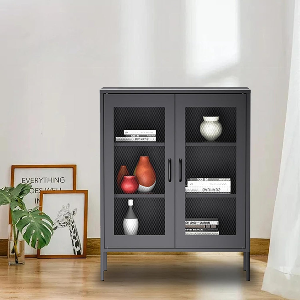 Ustamio Black Metal Storage Cabinet with Mesh Doors, Small Office Storage Locker with 2 Adjustable Shelves, Accent Metal Locker Cabinet for Home, Office, Living Room, Hallway