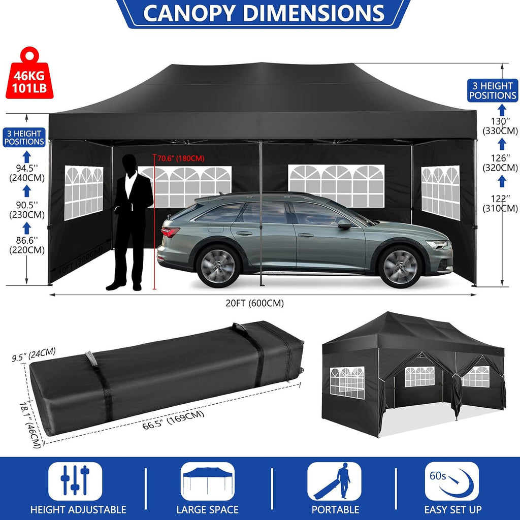 COBIZI Pop up Canopy Tent 10x20 Heavy Duty Gazebo with 6 Sidewalls, UPF 50+ All Weather Waterproof Commercial Outdoor Wedding Party Tents Canopy with Roller Bag, Black