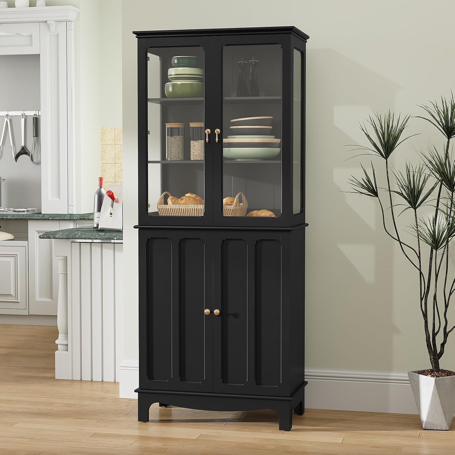 ARTPOWER 72' Freestanding Kitchen Pantry Storage Sideboard, Classical Tall Cabinet with Glass Door and Adjustable Shelves for Kitchen, Livingroom and Dining Room, Black