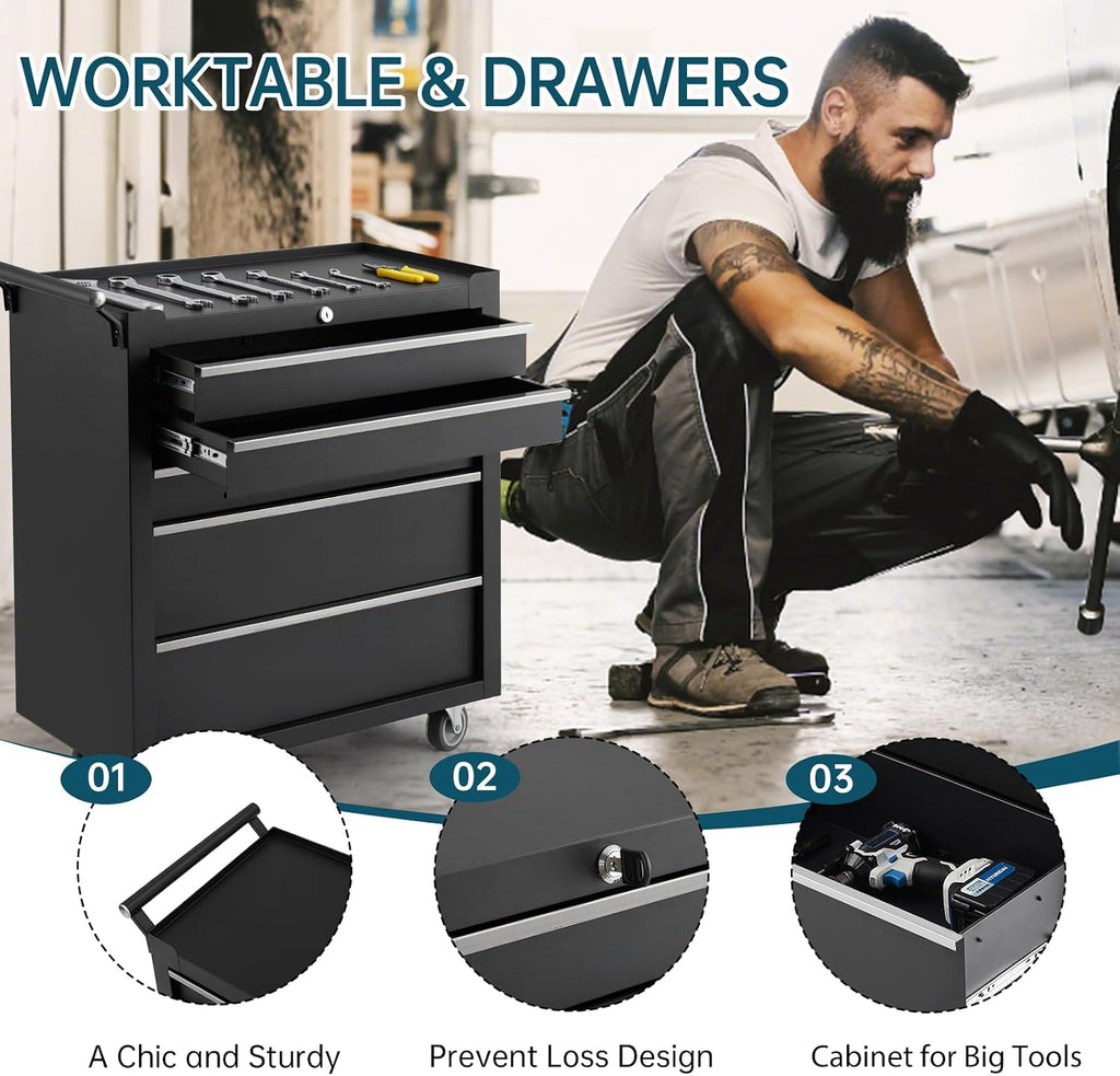 OUTLANE Heavy Duty 5 Drawers Tool Storage Cabinet, Rolling Tool Chest with Lockable Wheels, Side Handle, Portable Tool Cabinet Organizer for Warehouse, Workshop & Repair Shop