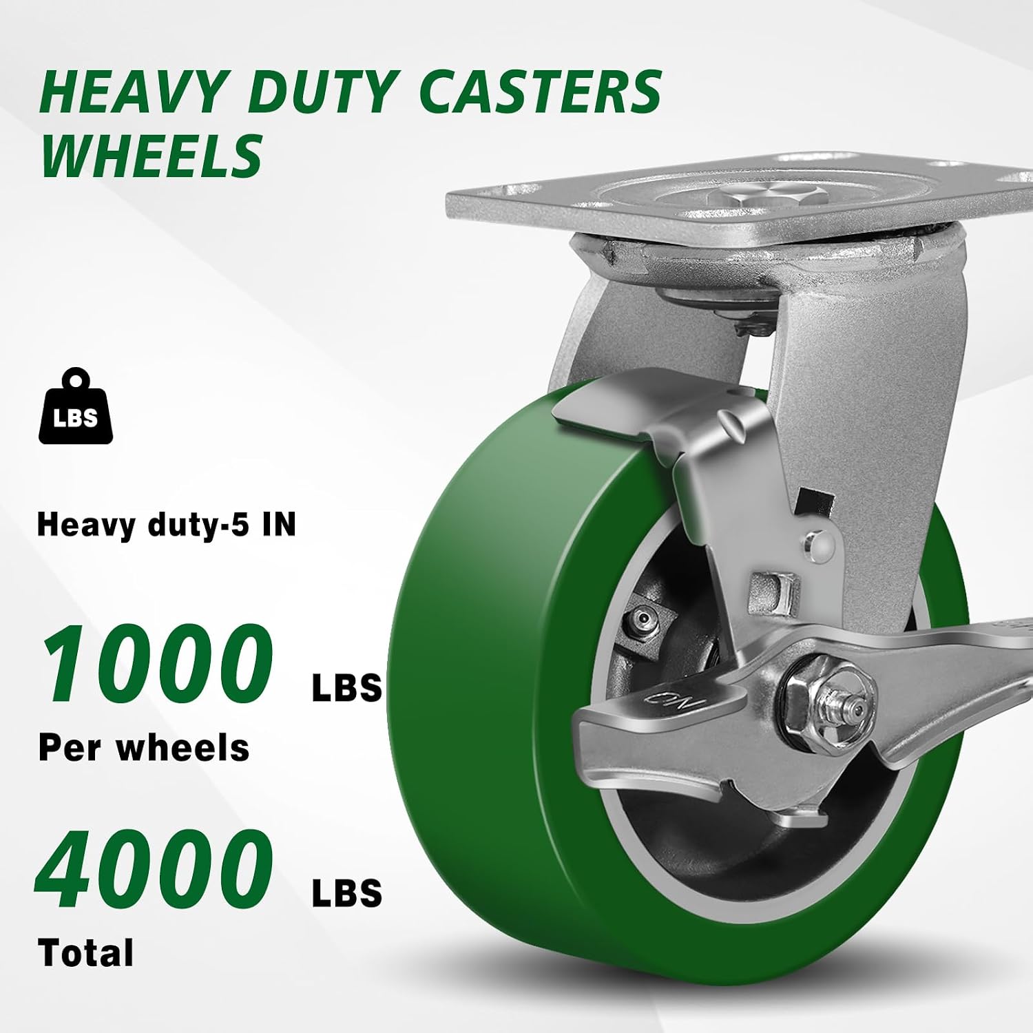 5'X2' Caster Wheels, Heavy Duty Casters Set of 4, Aluminum Core Thickened Polyurethane Industrial Casters for Toolbox Workbench, 4000 Lbs Total Capacity (4 Brake)