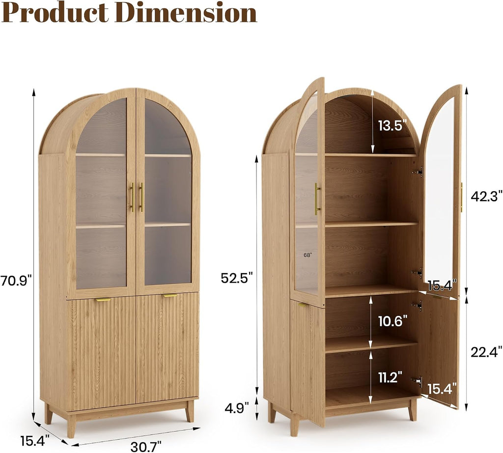 Pamapic 71' Tall Arched Cabinet, Fluted Kitchen Pantry with Glass Doors & Adjustable Shelves, Arch Storage Cabinet, Wooden Pantry for Dining Room, Living Room (Natural)