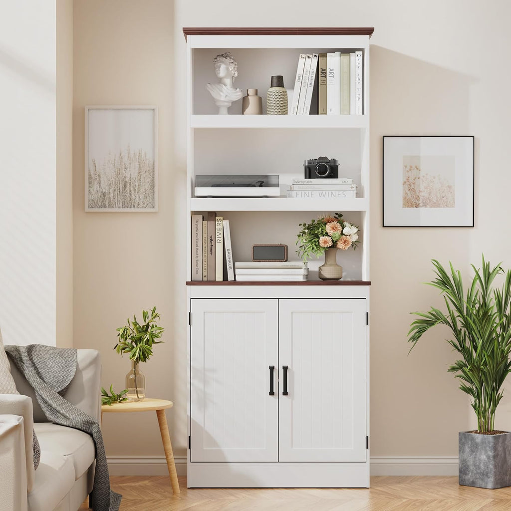 MHOM 71' Tall Bookshelf with Doors, 5 Tiers Farmhouse Bookcase with Adjustable Shelves, Wooden Rustic Display Cabinet for Home Office, Living Room, White