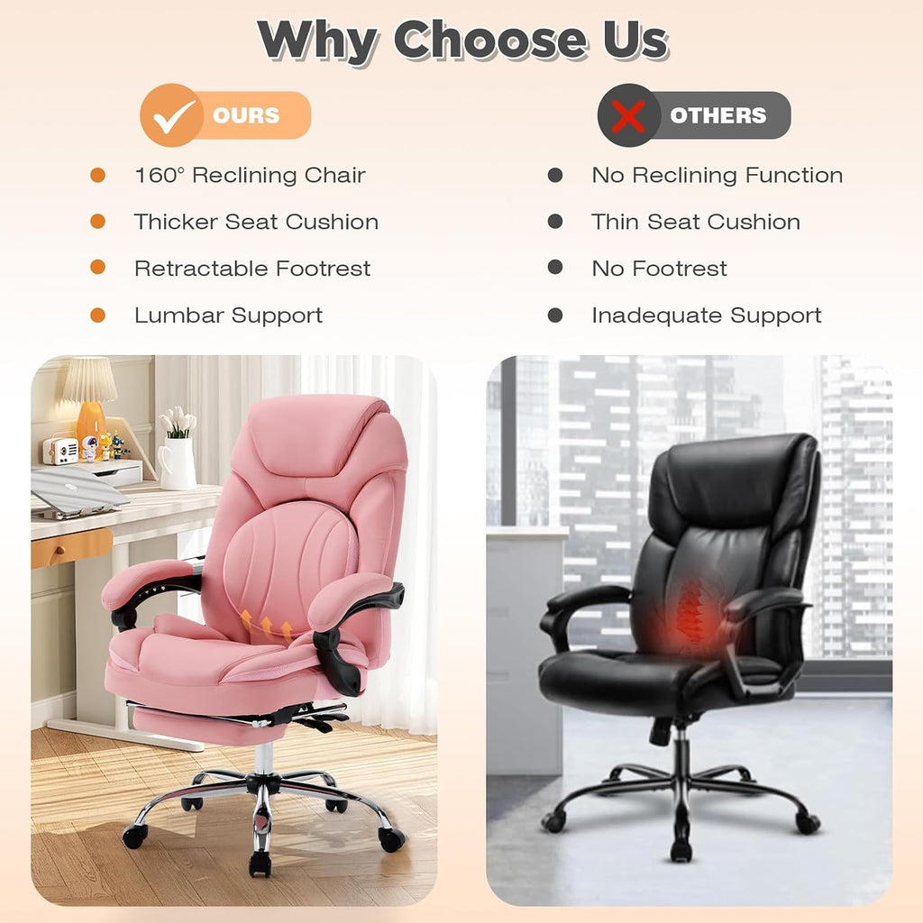 Comfy Reclining Office Chair with Footrest for Women Wide Seat Big Tall Computer Gaming Chair, 500lb Plus Size Ergonomic Recliner Office Desk Chair with Leg Rest, Pink