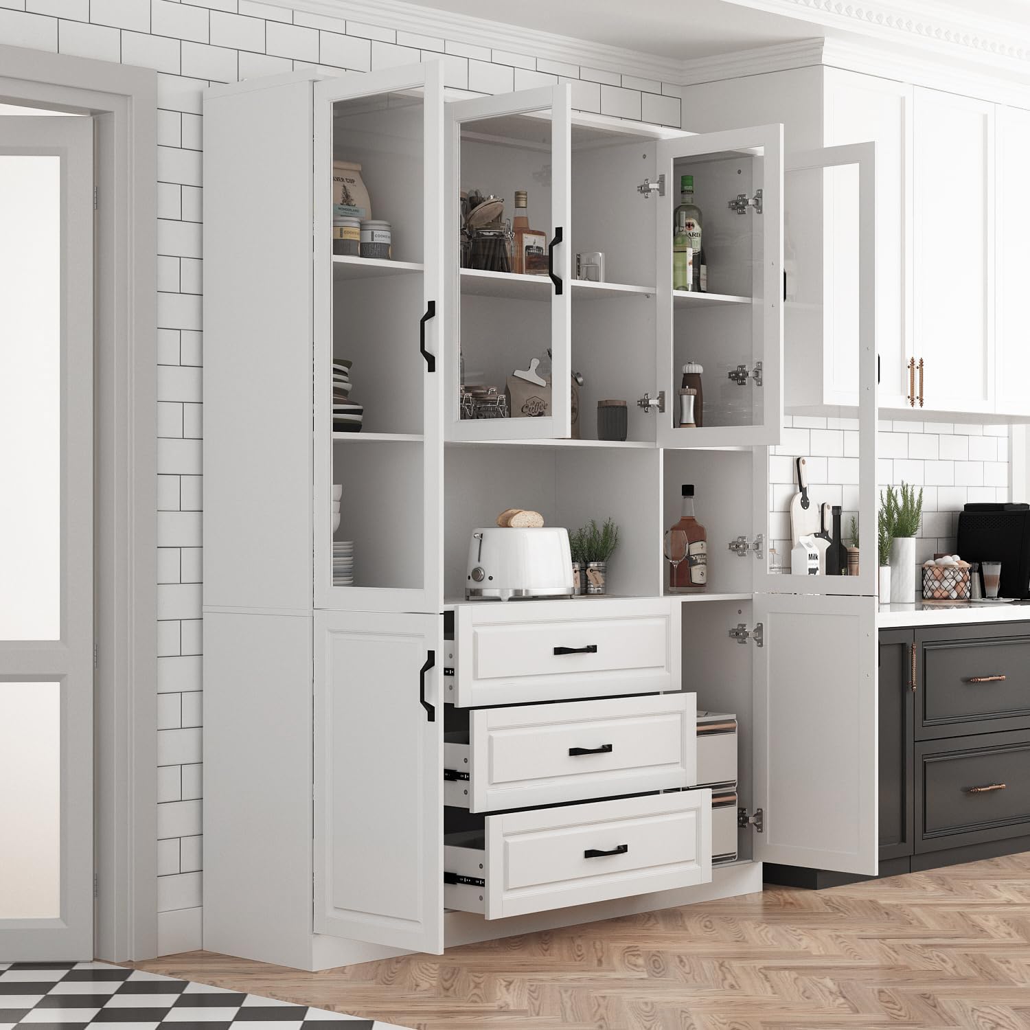 Tall Bookshelf with Glass Doors & Drawers, Large Storage Cabinet Home Office Bookcase with Doors & Shelves, Glass Display Cabinet for Living Room, White (63' W x 15.7' D x 78.9' H)