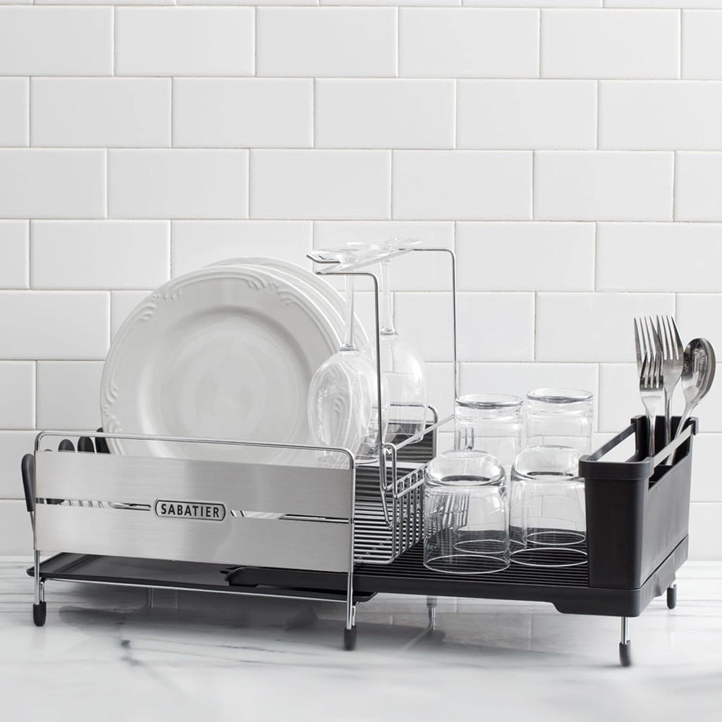 Sabatier Expandable Dish Drying Rack with Drainboard - Stainless Steel Dish Rack for Kitchen Counter, Stemware Holder and Utensil Caddy Included