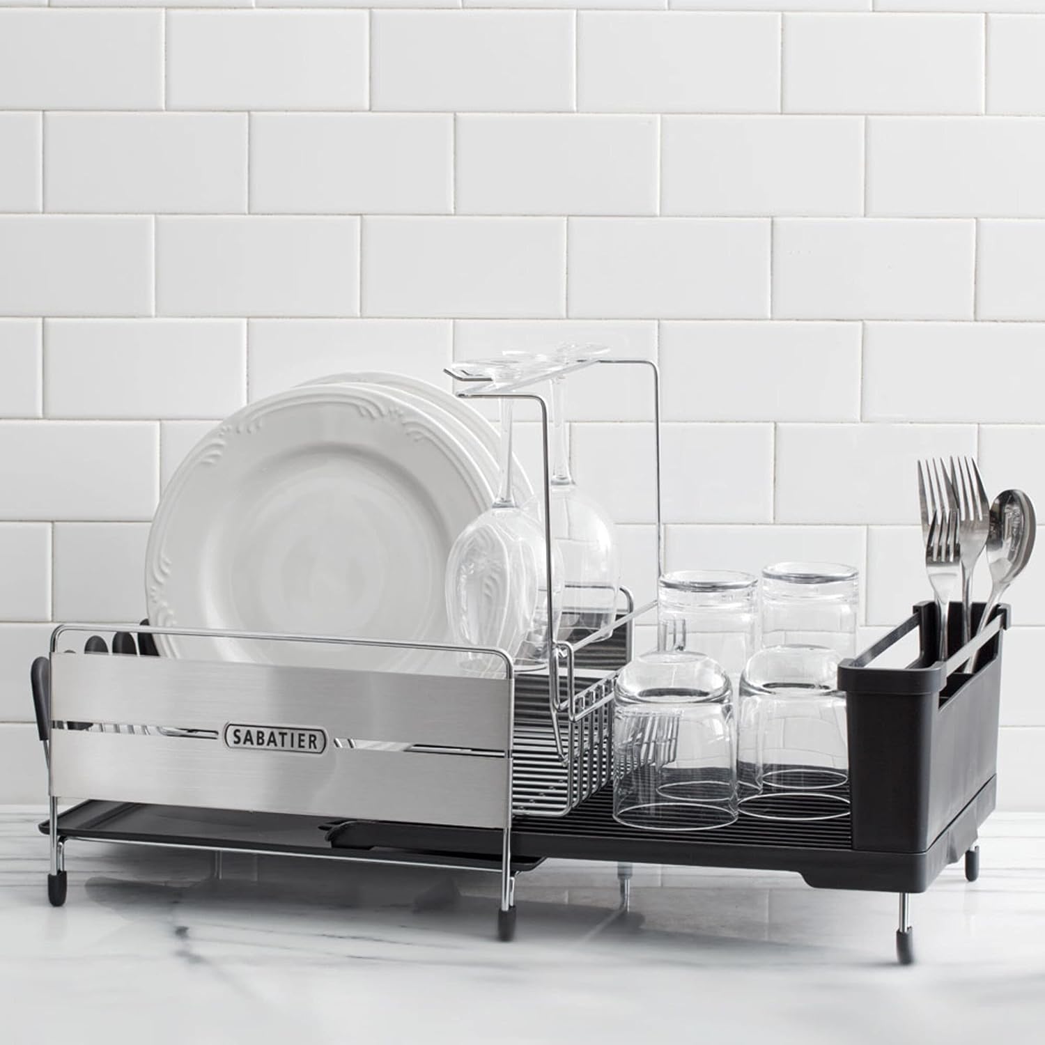 Sabatier Expandable Dish Drying Rack with Drainboard - Stainless Steel Dish Rack for Kitchen Counter, Stemware Holder and Utensil Caddy Included