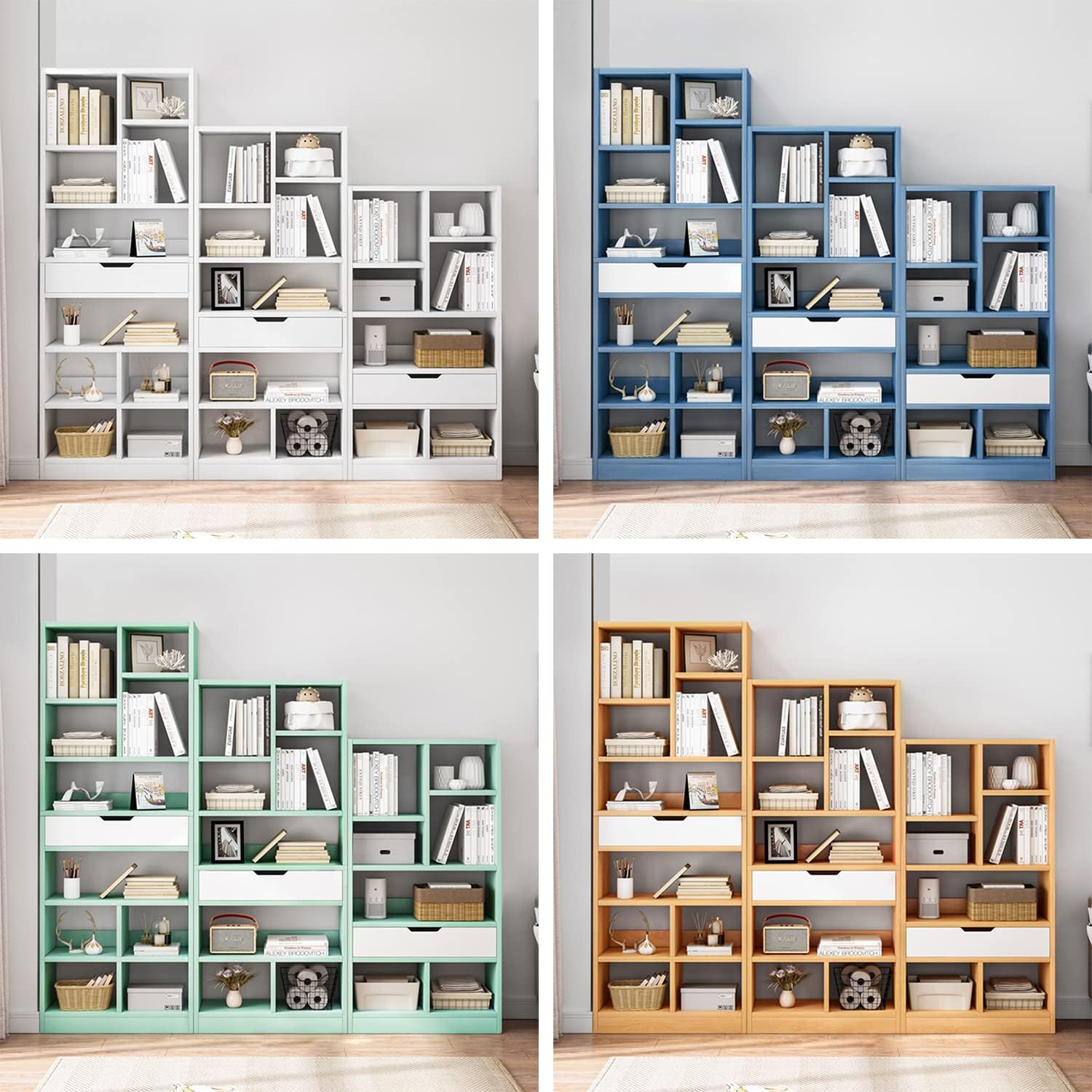 IOTXY Wooden Open Shelf Bookcase - 51' Height Freestanding Display Storage Cabinet Organizer with 7 Cubes and a Drawer, Floor Standing Bookshelf, Blue