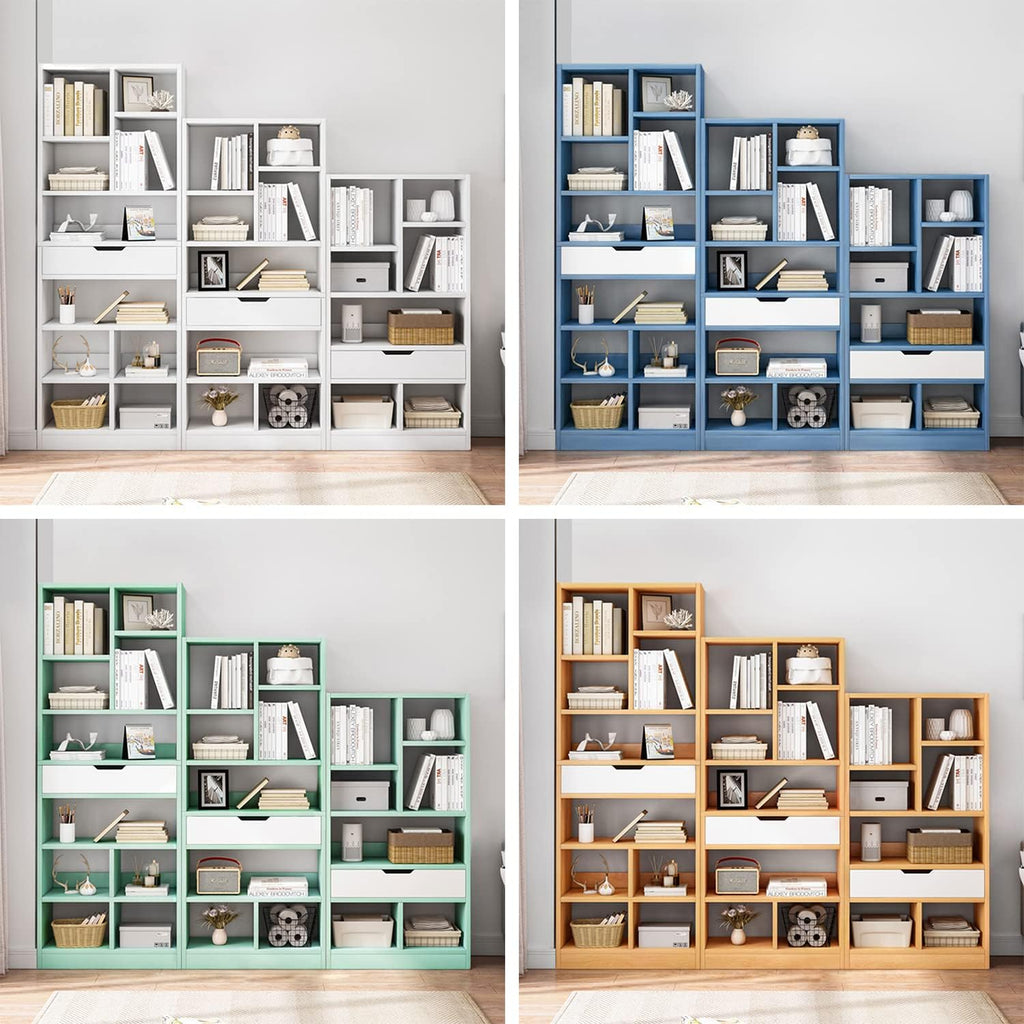 IOTXY Wooden Open Shelf Bookcase - 61' Height Freestanding Display Storage Cabinet Organizer with 8 Cubes and a Drawer, Floor Standing Bookshelf, Blue