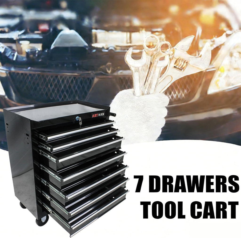 7-Drawer Tool Cart on Wheels, Drawers Rolling Tool Chest with Key Lock, Mobile Trolley Organizer Tools Box with Locking Wheels & Ball Bearing Drawers for Garage,Repair Shop (Black)