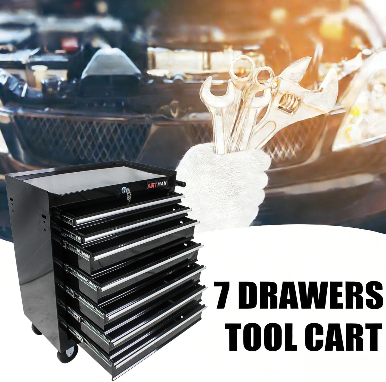 7-Drawer Tool Cart on Wheels, Drawers Rolling Tool Chest with Key Lock, Mobile Trolley Organizer Tools Box with Locking Wheels & Ball Bearing Drawers for Garage,Repair Shop (Black)