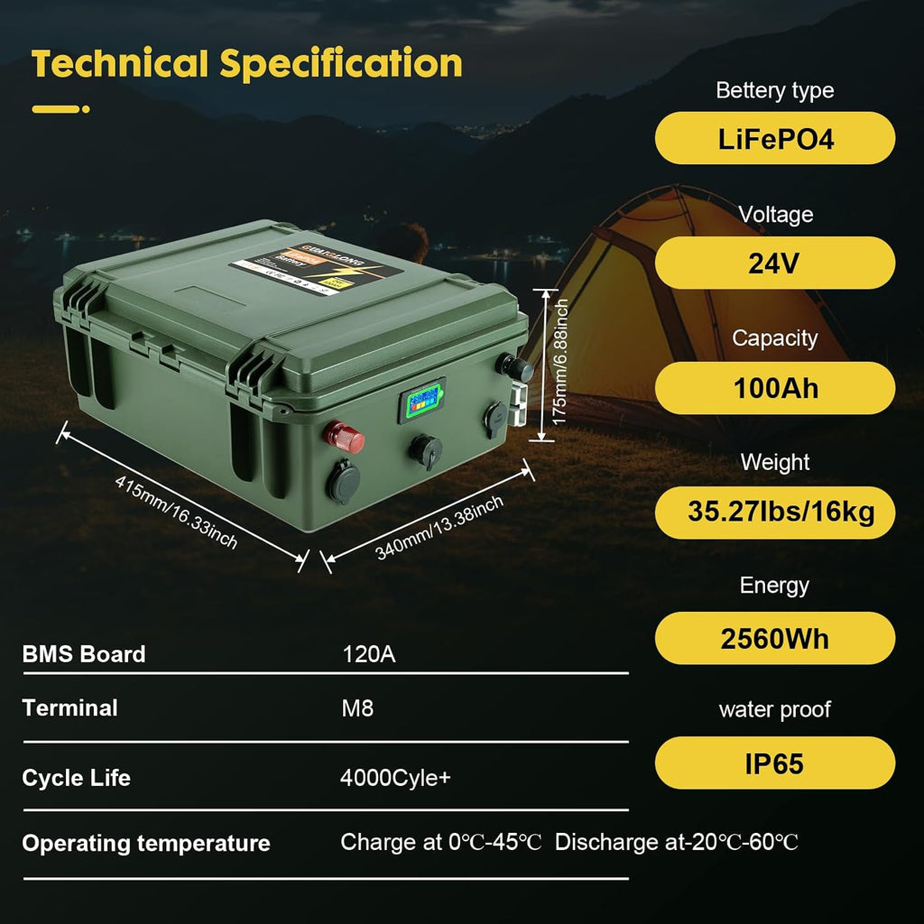 24V 100Ah LiFePO4 Battery,Lithium Batteries with Upgraded 100A BMS,4000+ Rechargeable Deep Cycle,Max.2560W Load Power,Perfect for RV,Boat,Trolling Motor,Golf trolley,Solar,Marine,Camper