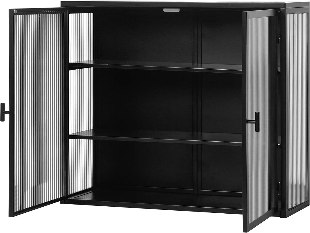 Retro Style Haze Double Glass Door Wall Cabinet with Detachable Shelves for Office, Dining Room,Living Room, Kitchen and Bathroom Black