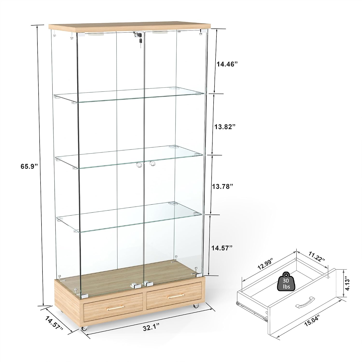 Modern Glass Display Cabinet with LED Light 4-Shelf Curio Cabinets with Storage Drawer and Wheels,Tempered Glass Display Shelf Bookcase for Living Room Home Office