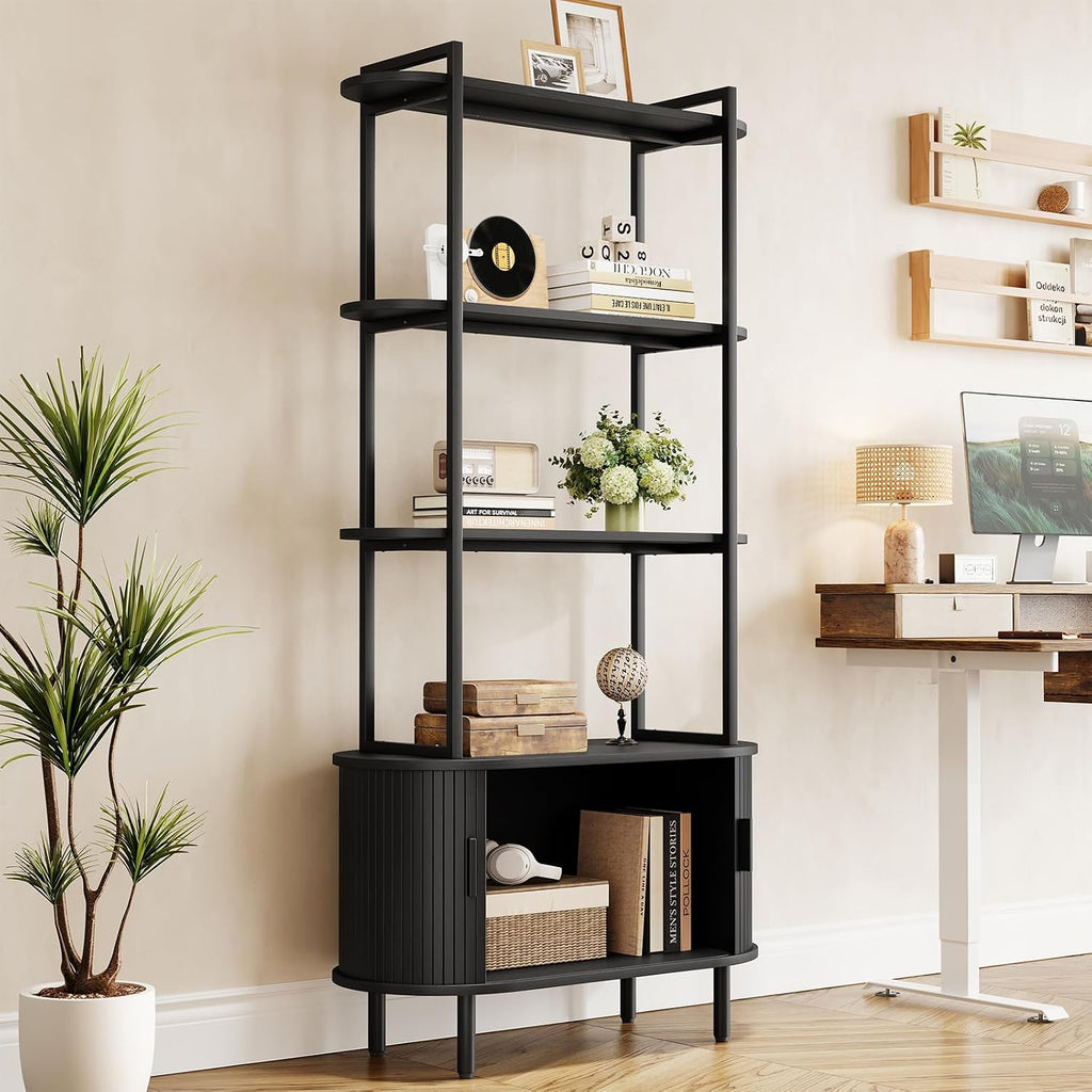 5 Tier Tall Bookshelf with Cabinet, Fluted Bookcase with Sliding Door, Metal and Wood Display Shelf, Free Standing Storage Shelving Unit, Corner Storage Organizer for Living Room, Home Office, Black