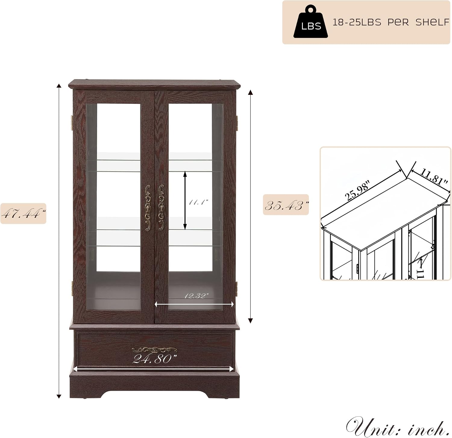 47' Lighted Glass Accent Curio Cabinet, 3-Tier Antique Storage Cage with Adjustable Shelves & Drawer, Acrylic Mirrored Pane, Light Blub Included, Small China Cabinet for Living Room (Dark Cherry)