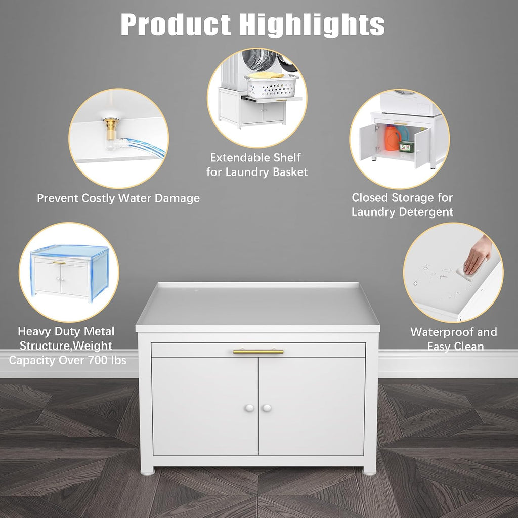 GDLF Laundry Pedestal Heavy Duty Metal Washer and Dryer Stand 29' Universal Fit Anti-Vibration Washing Machine Stand with Laundry Basket Shelf and Built-in Drain Pan + Hose,770 LBS Capacity,White