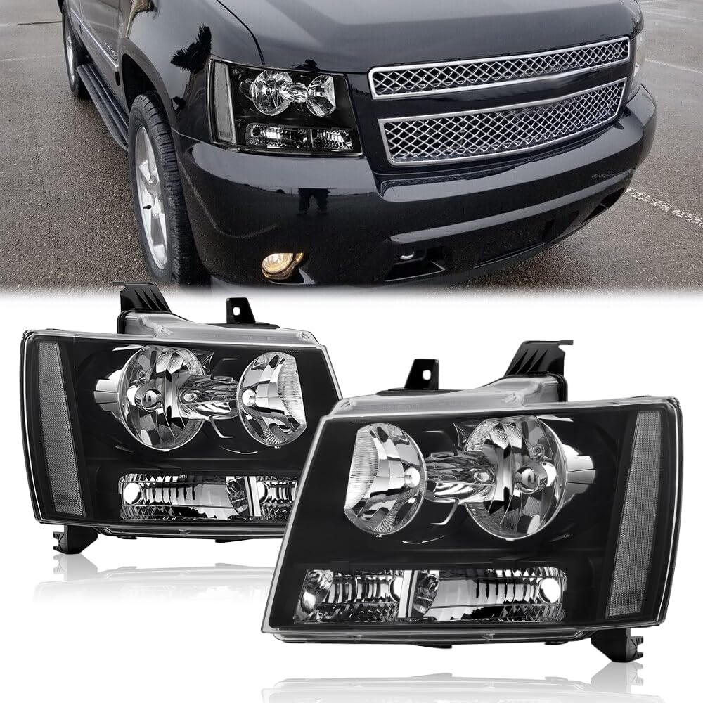 Headlights w/ Tail Lights Assembly Kits compatible with 2007 2008 2009 2010 2011 2012 2013 Chevy Tahoe Suburban, Black Housing Headlamp+Red Taillights Rear Brake Lamp Set