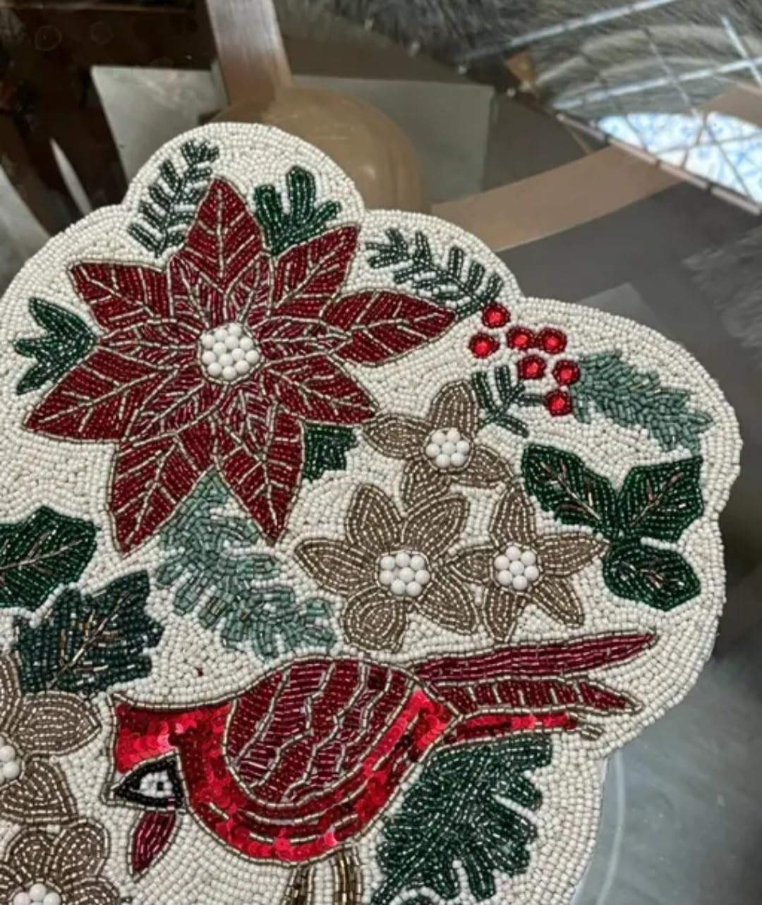Beaded Table Runner, Red Poinsettia and Cardinal Design, Holiday Christmas Decor, Scalloped Edge