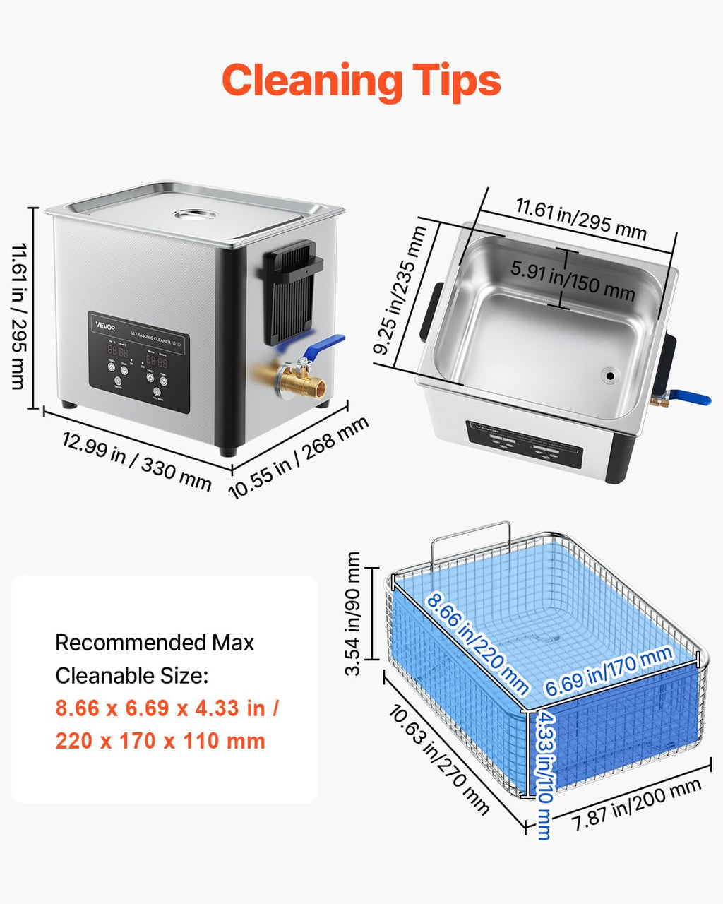 VEVOR 10L Ultrasonic Cleaner, Professional 180W Ultrasonic Cleaner Machine with Digital Display and Cleaning Basket, 40kHz Stainless Steel Cleaning Machine Ideal for Jewelry, Coins, Watches, Razors