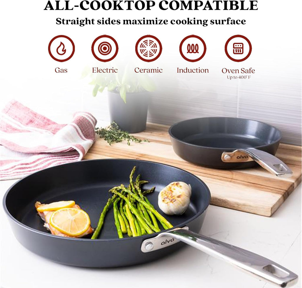 Alva Maestro Ceramic Nonstick Frying Pan Cookware Set, Non Toxic Saute and Frying Pan Set, PFAS, PFOA & PTFE Free, Compatible with All Stovetops, Induction Safe, Stay Cool Handles, Oven Safe Pans Set