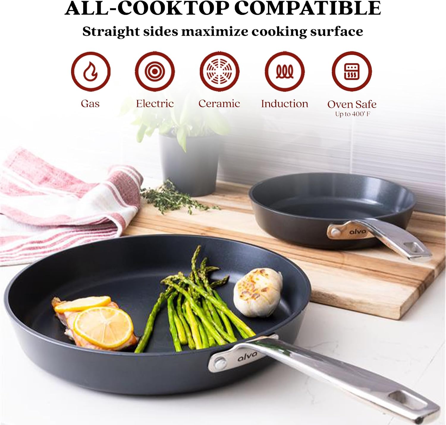 Alva Maestro Ceramic Nonstick Frying Pan Cookware Set, Non Toxic Saute and Frying Pan Set, PFAS, PFOA & PTFE Free, Compatible with All Stovetops, Induction Safe, Stay Cool Handles, Oven Safe Pans Set