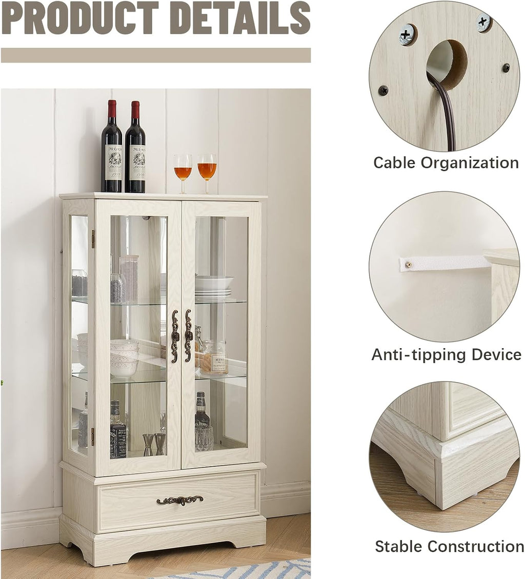 Curio Cabinet with Glass Doors Drawer, Lighted Display Cabinet with Adjustable Glass Shelves and Mirrored Back Panel, Retro Floor Standing Glass Storage Cabinet for Living Room, Antique White