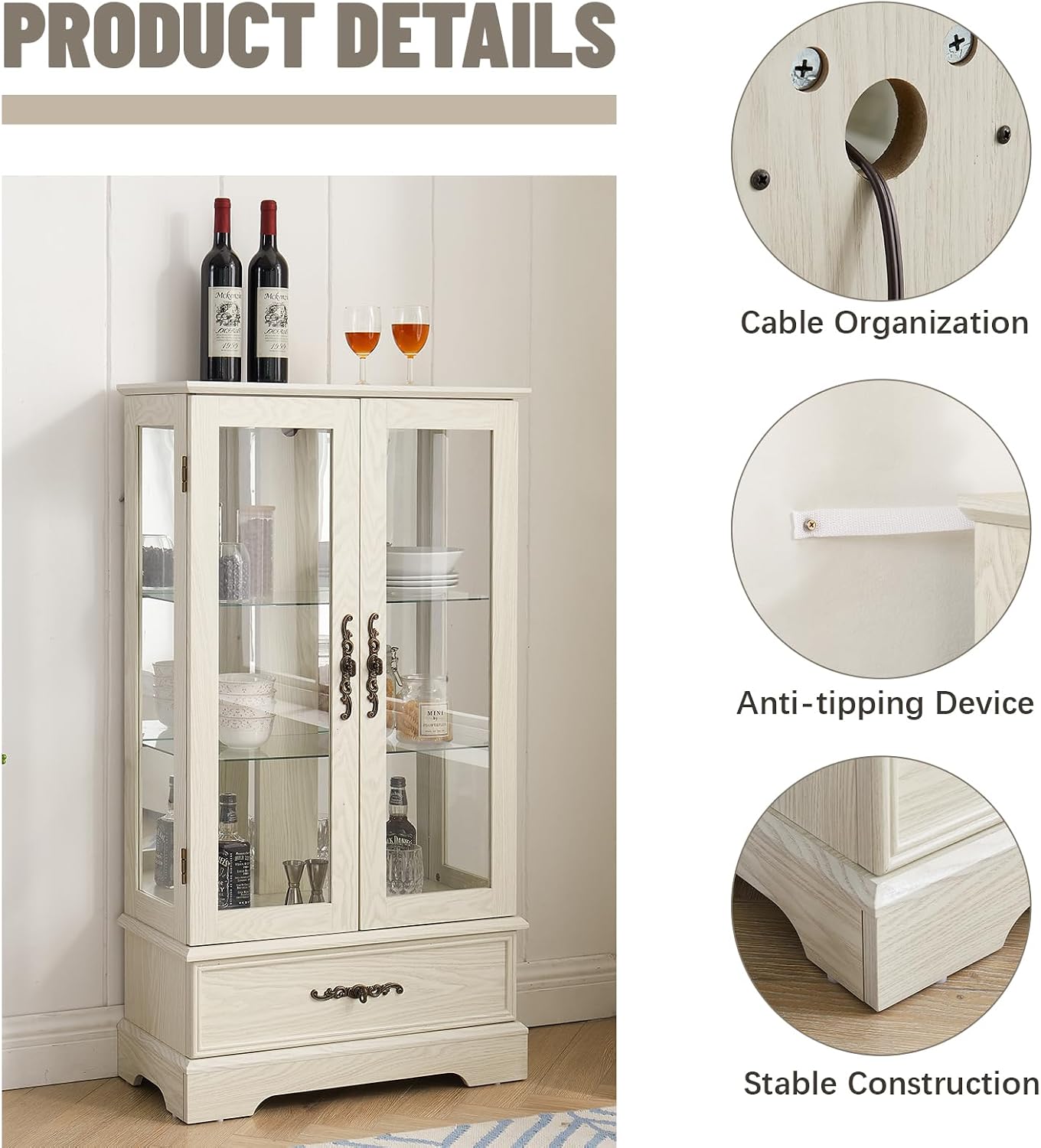 Curio Cabinet with Glass Doors Drawer, Lighted Display Cabinet with Adjustable Glass Shelves and Mirrored Back Panel, Retro Floor Standing Glass Storage Cabinet for Living Room, Antique White