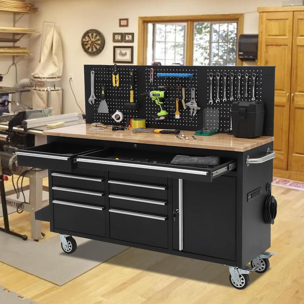 PeakPursuit 61' Rolling Tool Chest with 10 Drawers, Workbench Cabinet with Power Strip, Solid Rubber Wood Top, Pegboard, 1675 LBS Load, Mobile Heavy Duty Garage Storage, Locking Wheels, Black