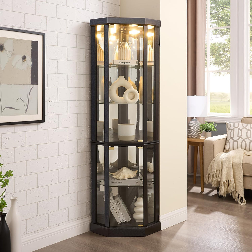 69' H Lighted Corner Display Cabinet, 5-Tier Wooden Curio Glass Cabinet with Adjustable Shelves & Glass Door, Corner Storage Display Case with Mirrored Back Pane for Living Room (Black)