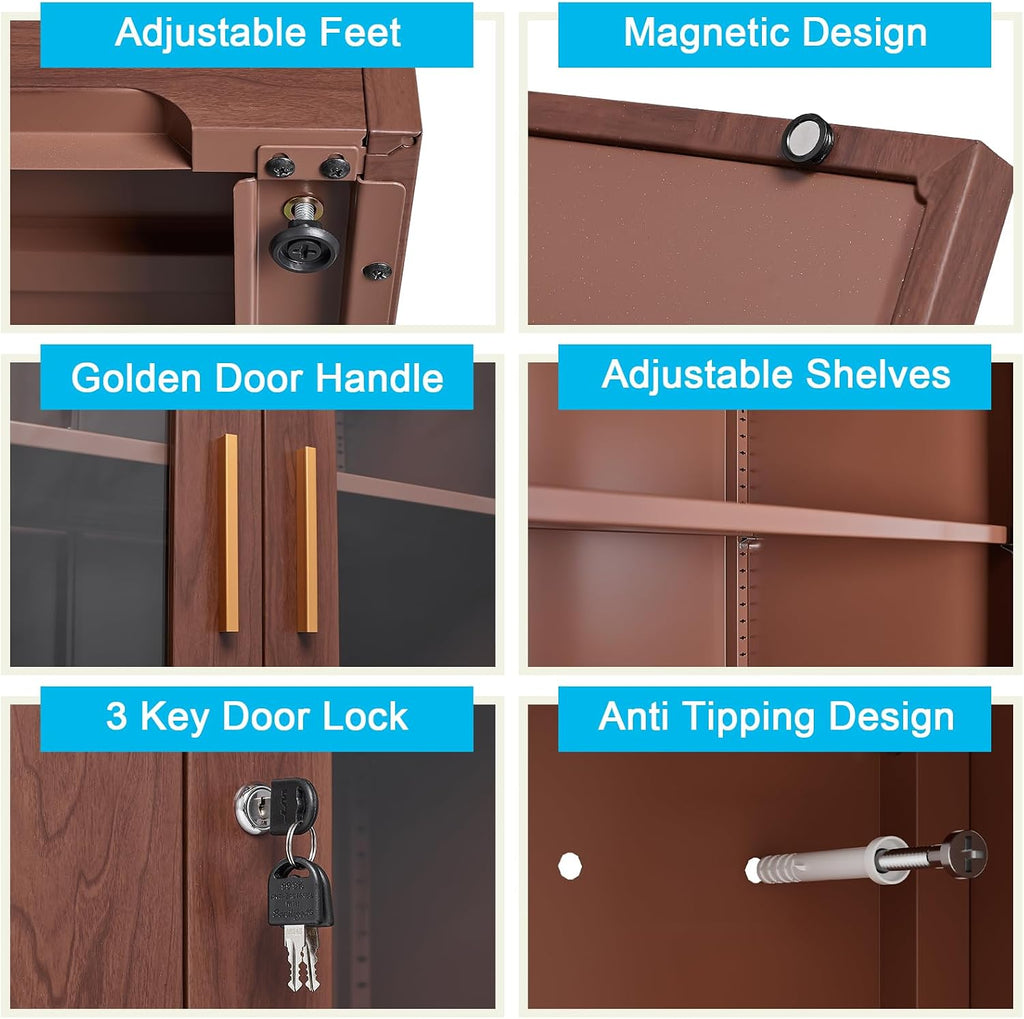 SteeLoong 71' Glass Display Cabinet with Lock,Curio Cabinet with Glass Doors, Metal Display Case with 4 Adjustable Shelves, Brown Bookcase Locking Storage Cabinets for Living Room, Kitchen，Commercial