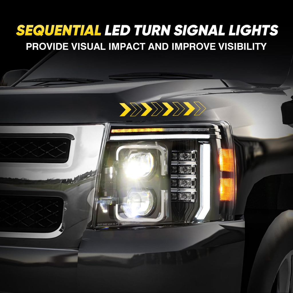 600% Bright LED Headlights Assembly Sequential Turn Signal Only for 2007-2013 Chevy Silverado 1500, 2007-2014 Chevy Silverado 2500 3500 2500HD 3500HD, Welcome Light Hi/Low Beam w/ Bulbs (NOT for GMC)