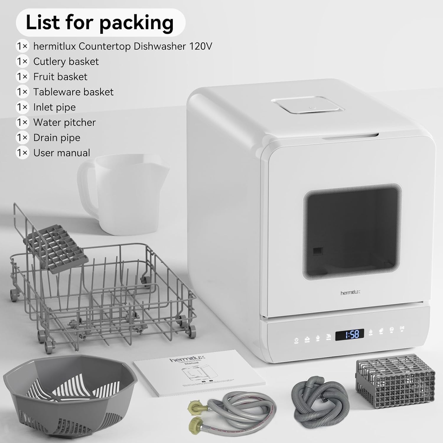 Hermitlux Countertop Dishwasher, 6 Wash Programs Slim Size Portable Dishwasher