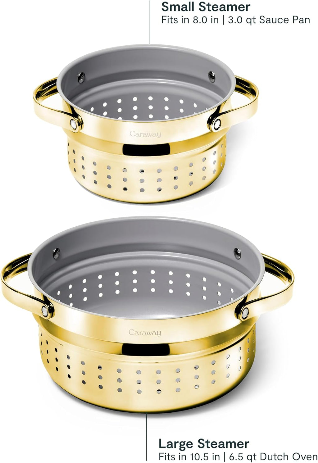 Caraway Small & Large Steamer Set – Made with Handles - Non Stick, Non Toxic Coating - Steam Veggies, Seafood, and More - Compatible With Our Dutch Oven or Sauce Pan – 3qt & 6.5qt - Gold