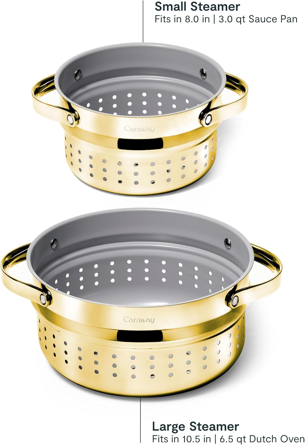 Caraway Small & Large Steamer Set – Made with Handles - Non Stick, Non Toxic Coating - Steam Veggies, Seafood, and More - Compatible With Our Dutch Oven or Sauce Pan – 3qt & 6.5qt - Gold